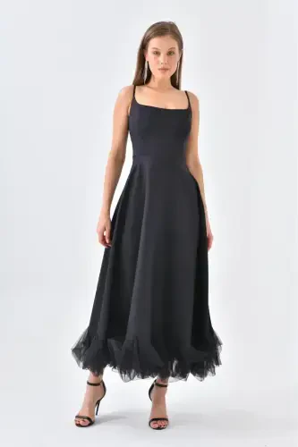 WOMAN'S SKIRT TULLE DETAILED STRAPED MIDI SIZE EVENING DRESS-BLACK - 6