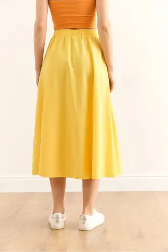 Woman's Yellow Pocketed Elastic Waist Midi Woven Bell Skirt - 7