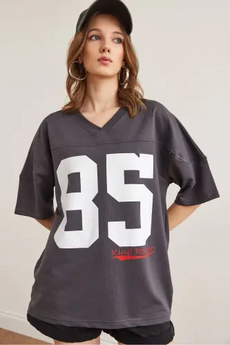 Women Anthracite 85 Printed V Neck Boyfriend 2 Thread T-shirt - 5
