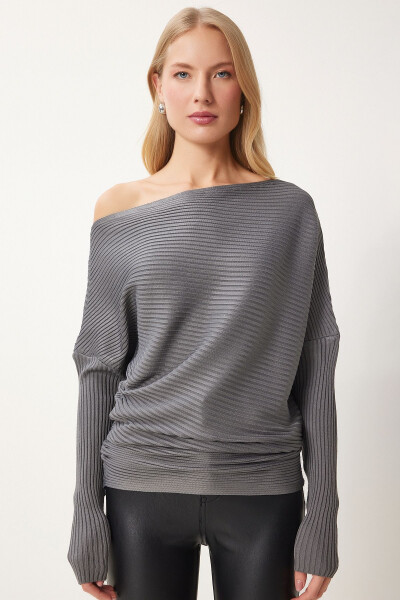 Women Anthracite Asymmetric Collar Ribbed Sweater FN0338 - 3