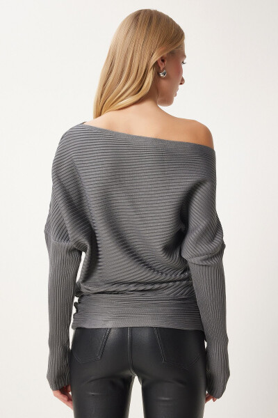 Women Anthracite Asymmetric Collar Ribbed Sweater FN0338 - 5