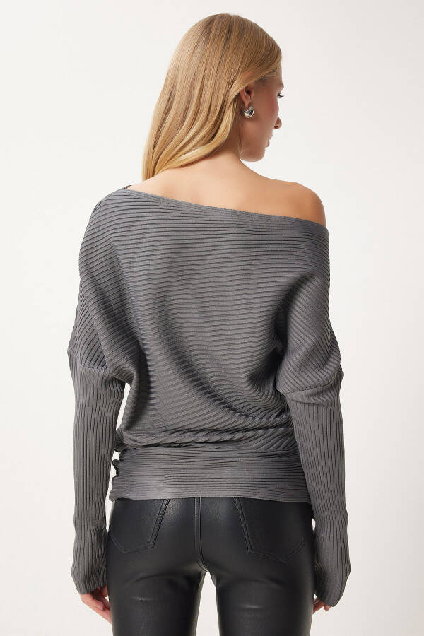 Women Anthracite Asymmetric Collar Ribbed Sweater FN0338 - 5