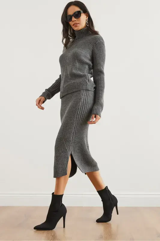 Women Anthracite Geometric Textured Skirted Knitwear Set TKM-19000325-Anthracite - OLALOOK