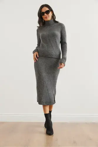 Women Anthracite Geometric Textured Skirted Knitwear Set TKM-19000325-Anthracite - OLALOOK (1)