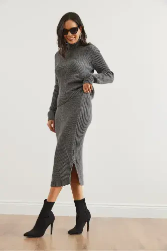 Women Anthracite Geometric Textured Skirted Knitwear Set TKM-19000325-Anthracite - 5