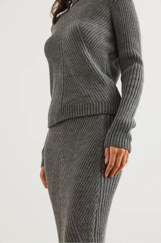 Women Anthracite Geometric Textured Skirted Knitwear Set TKM-19000325-Anthracite - 6