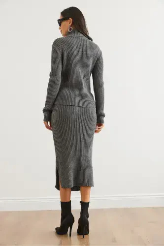 Women Anthracite Geometric Textured Skirted Knitwear Set TKM-19000325-Anthracite - 7