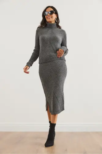 Women Anthracite Geometric Textured Skirted Knitwear Set TKM-19000325-Anthracite - 11