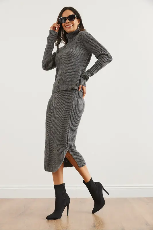 Women Anthracite Geometric Textured Skirted Knitwear Set TKM-19000325-Anthracite - 5