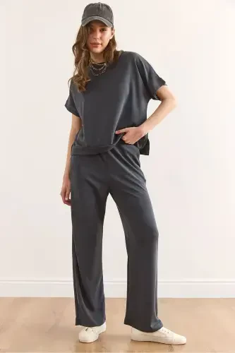 Women Anthracite Modal Top Blouse Bottom Pocketed Pants T - 1