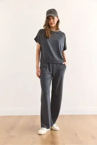 Women Anthracite Modal Top Blouse Bottom Pocketed Pants T - OLALOOK (1)