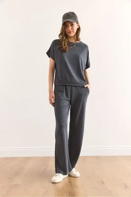 Women Anthracite Modal Top Blouse Bottom Pocketed Pants T - 2