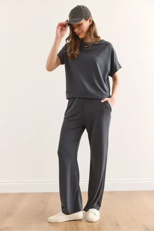 Women Anthracite Modal Top Blouse Bottom Pocketed Pants T - 3