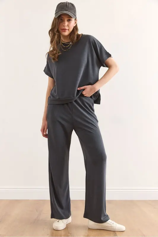 Women Anthracite Modal Top Blouse Bottom Pocketed Pants T - OLALOOK