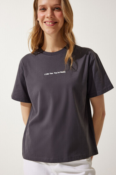 Women Anthracite Printed Basic Knitted T-Shirt NJ00141 - HAPPINESS İSTANBUL (1)
