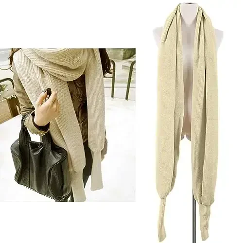 EUBUY Women Autumn Winter Scarf Wrap with Sleeve, Lady Fashion Solid Color Knitted Wrap Scarf Knitted Shawl Cape with Sleeve - 4