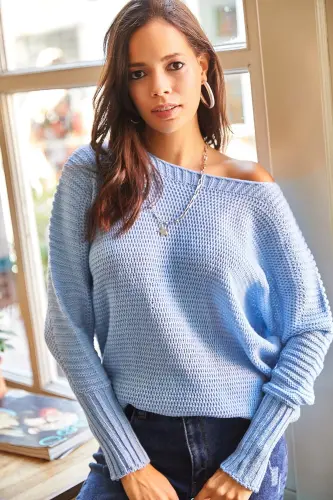 Women Baby Blue Arm Detailed Honeycomb Knit Sweater KZK-19000399-Baby Blue - 2