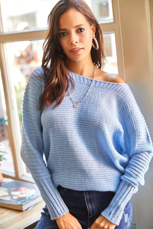 Women Baby Blue Arm Detailed Honeycomb Knit Sweater KZK-19000399-Baby Blue - 2