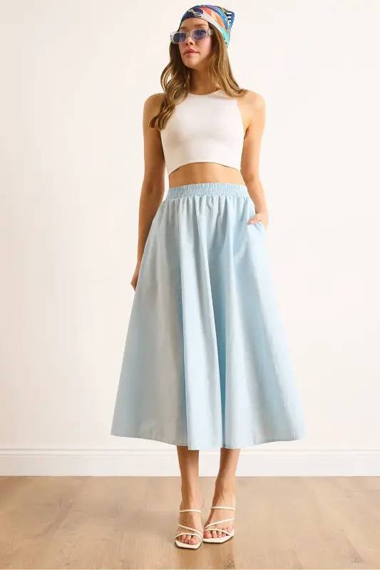 Women Baby Blue Elastic Waist Parachute Bell Skirt ETK-19000280-Baby Blue - 1