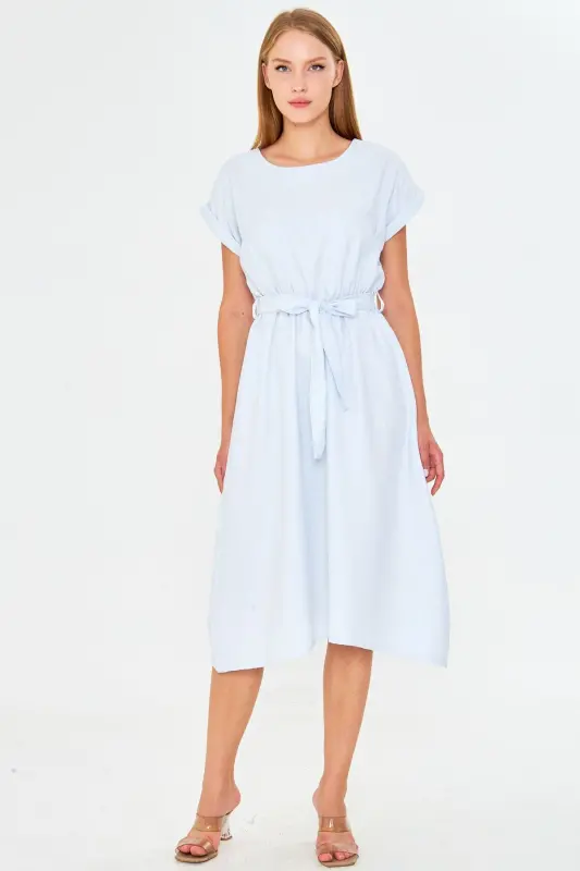 Women Baby Blue Elastic Waistband Tie Dress ARM-18Y001133-Baby Blue - 1