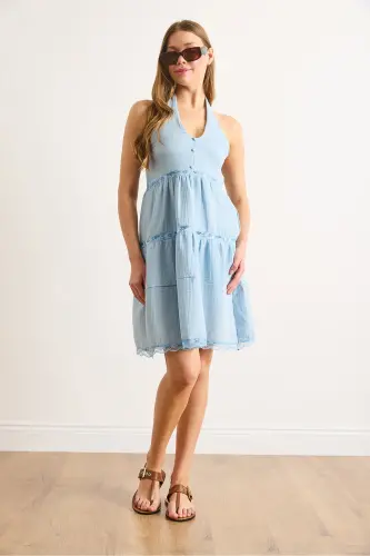Women Baby Blue Eyelet Lace Detailed Halter Neck Muslin Dress DRS-19002431-Baby Blue - OLALOOK (1)
