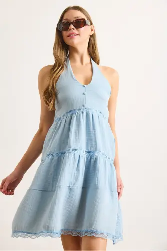 Women Baby Blue Eyelet Lace Detailed Halter Neck Muslin Dress DRS-19002431-Baby Blue - 3