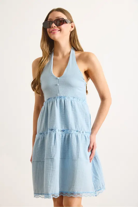 Women Baby Blue Eyelet Lace Detailed Halter Neck Muslin Dress DRS-19002431-Baby Blue - 4
