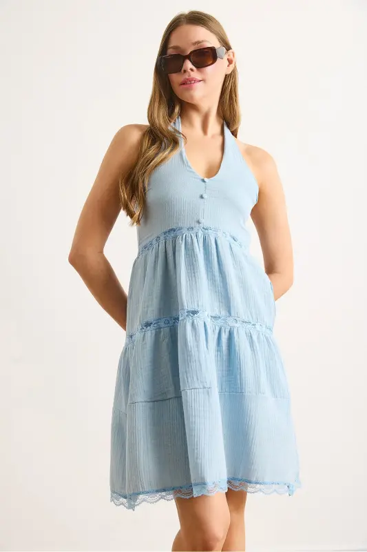 Women Baby Blue Eyelet Lace Detailed Halter Neck Muslin Dress DRS-19002431-Baby Blue - 5