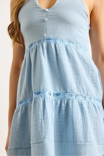 Women Baby Blue Eyelet Lace Detailed Halter Neck Muslin Dress DRS-19002431-Baby Blue - 7