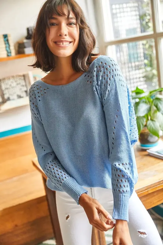 Women Baby Blue Knitted Batwing Oversize Sweater KZK-19000524-Baby Blue - 1