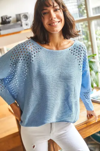 Women Baby Blue Knitted Batwing Oversize Sweater KZK-19000524-Baby Blue - 3