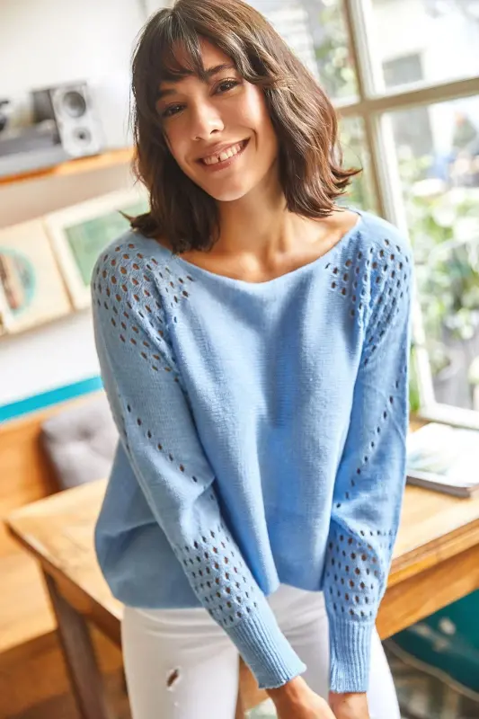 Women Baby Blue Knitted Batwing Oversize Sweater KZK-19000524-Baby Blue - 5