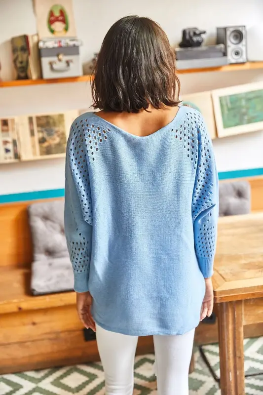 Women Baby Blue Knitted Batwing Oversize Sweater KZK-19000524-Baby Blue - 6