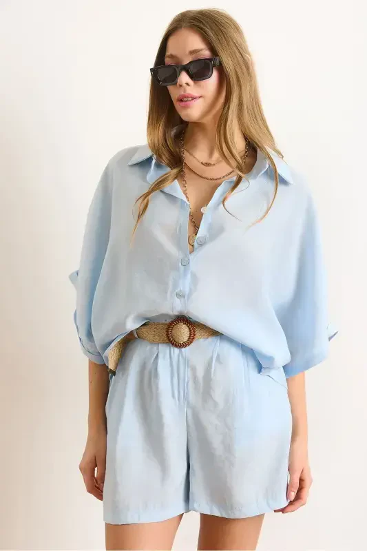 Women Baby Blue Modal Top Shirt Belted Shorts - 1