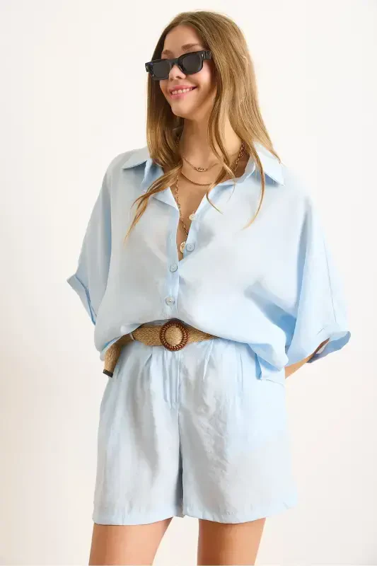 Women Baby Blue Modal Top Shirt Belted Shorts - 2