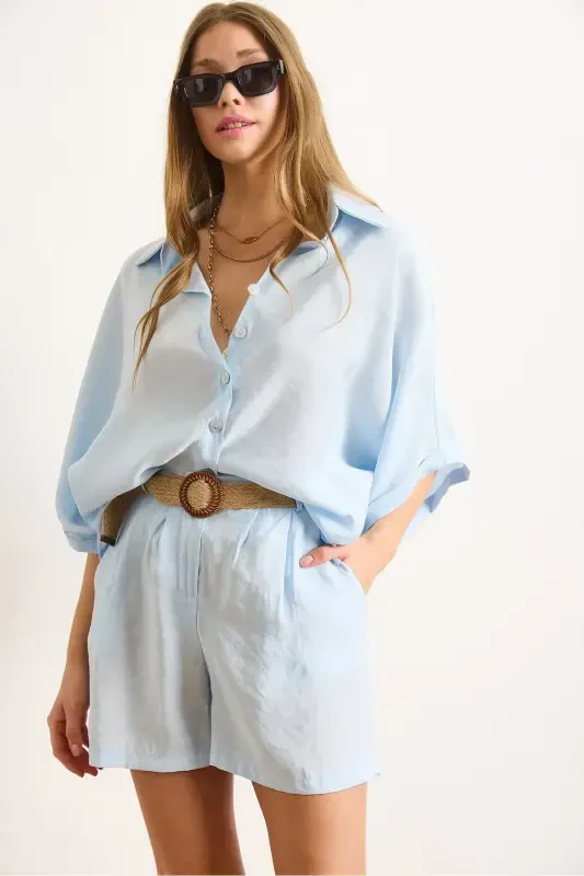 Women Baby Blue Modal Top Shirt Belted Shorts - 3