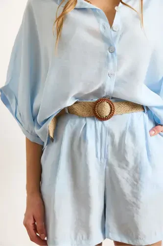 Women Baby Blue Modal Top Shirt Belted Shorts - 5