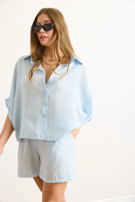 Women Baby Blue Modal Top Shirt Belted Shorts - 6