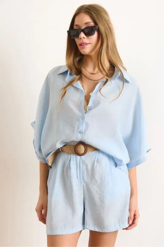Women Baby Blue Modal Top Shirt Belted Shorts - OLALOOK