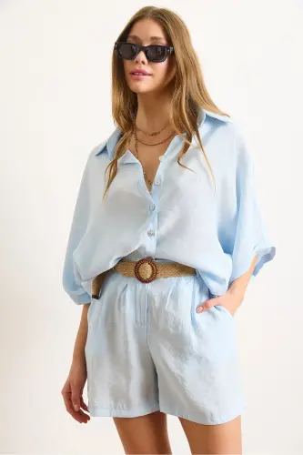 Women Baby Blue Modal Top Shirt Belted Shorts - 4