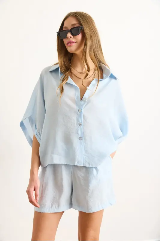 Women Baby Blue Modal Top Shirt Belted Shorts - 7