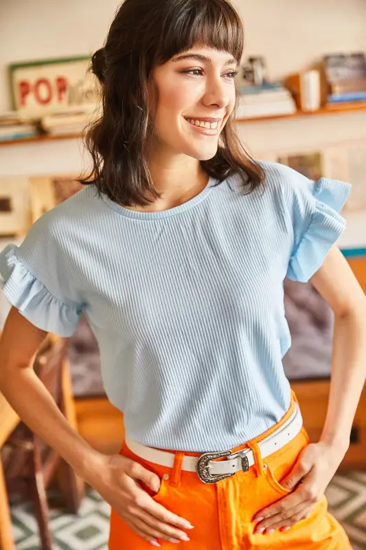 Women Baby Blue Ruffled Sleeve Bustier T-Shirt TSH- - 3