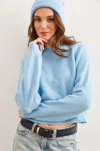 Women Baby Blue Soft Touch Basic Crop Sweater KZK-19000886-Baby Blue - 5