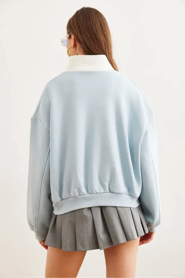 Women Baby Blue Stand Collar Zippered Thistle Relaxed Sweatshirt SWT-19000702 - 6