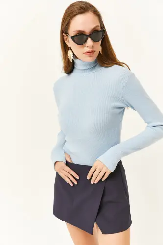 Women Baby Blue Turtleneck Finger Detailed Lycra Blouse BLZ-19001644-Baby Blue - 4