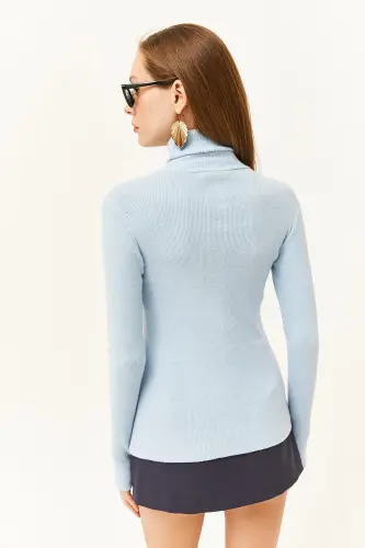 Women Baby Blue Turtleneck Finger Detailed Lycra Blouse BLZ-19001644-Baby Blue - 5