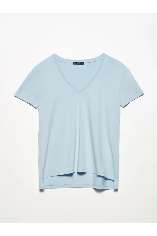 Women Baby Blue V Neck Basic T-Shirt 101A03470-Baby Blue - 2