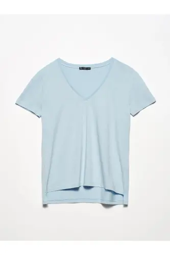 Women Baby Blue V Neck Basic T-Shirt 101A03470-Baby Blue 