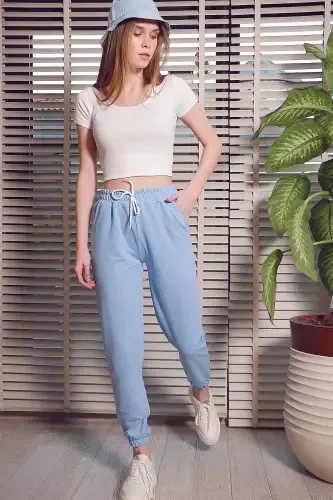 Women Baby Blue Waist and Hem Elasticated Basic Sweatpants ALC-X5902-BABY BLUE - TREND ALAÇATI STILI (1)