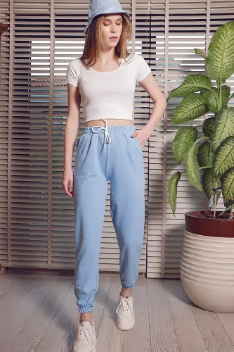 Women Baby Blue Waist and Hem Elasticated Basic Sweatpants ALC-X5902-BABY BLUE - 4
